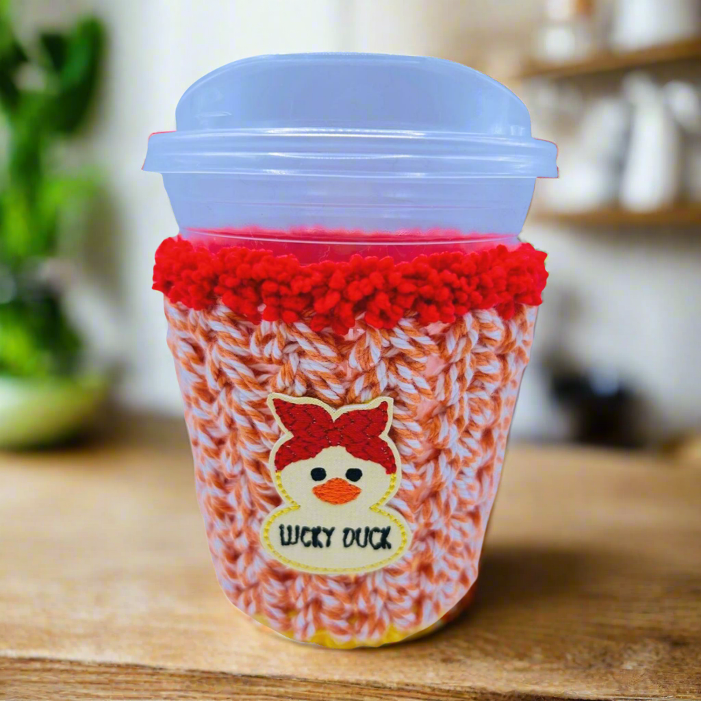 Lucky duck cozy, handmade drink sleeve
