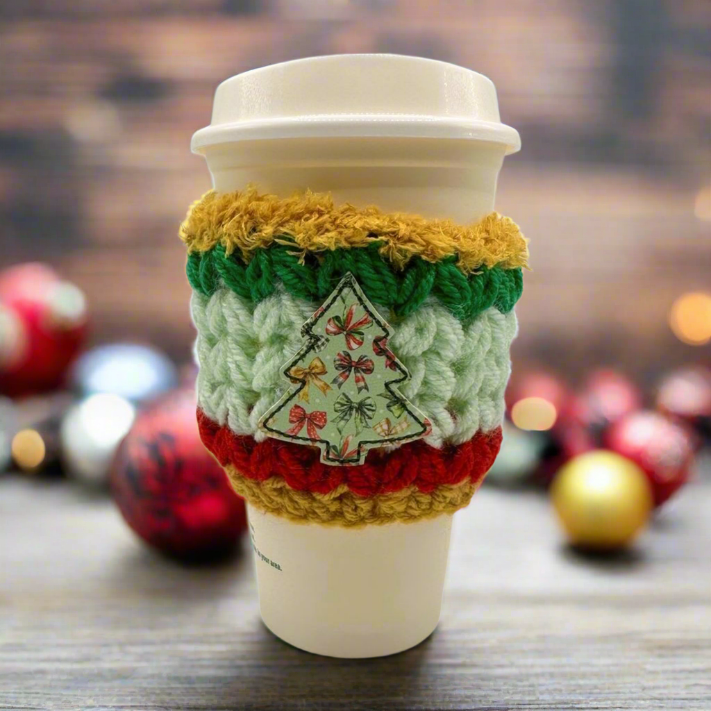 Bow Christmas Tree Coffee Cozy, handmade drink sleeve - view 3