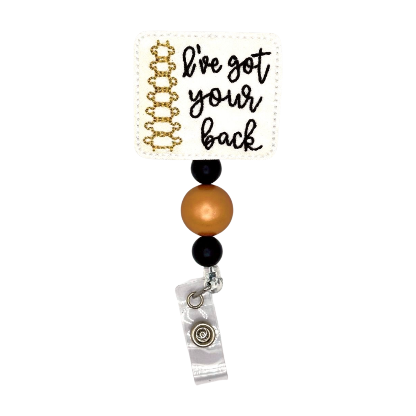 Retractable badge holder with beads and 'I've got your back' text on a white background