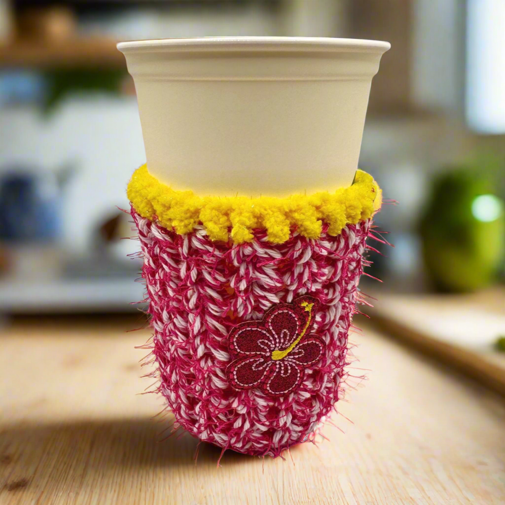Hibiscus cold drink cozy, handmade drink sleeve