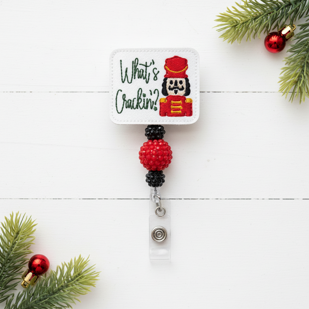What’s Crackin’? Nutcracker Badge Reel, handmade retractable ID badge reel