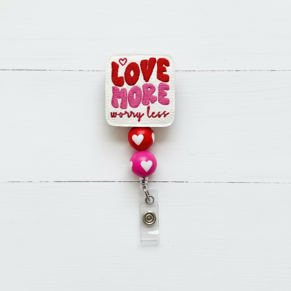Badge holder with 'Love more, worry less' text on a white background with heart decorations