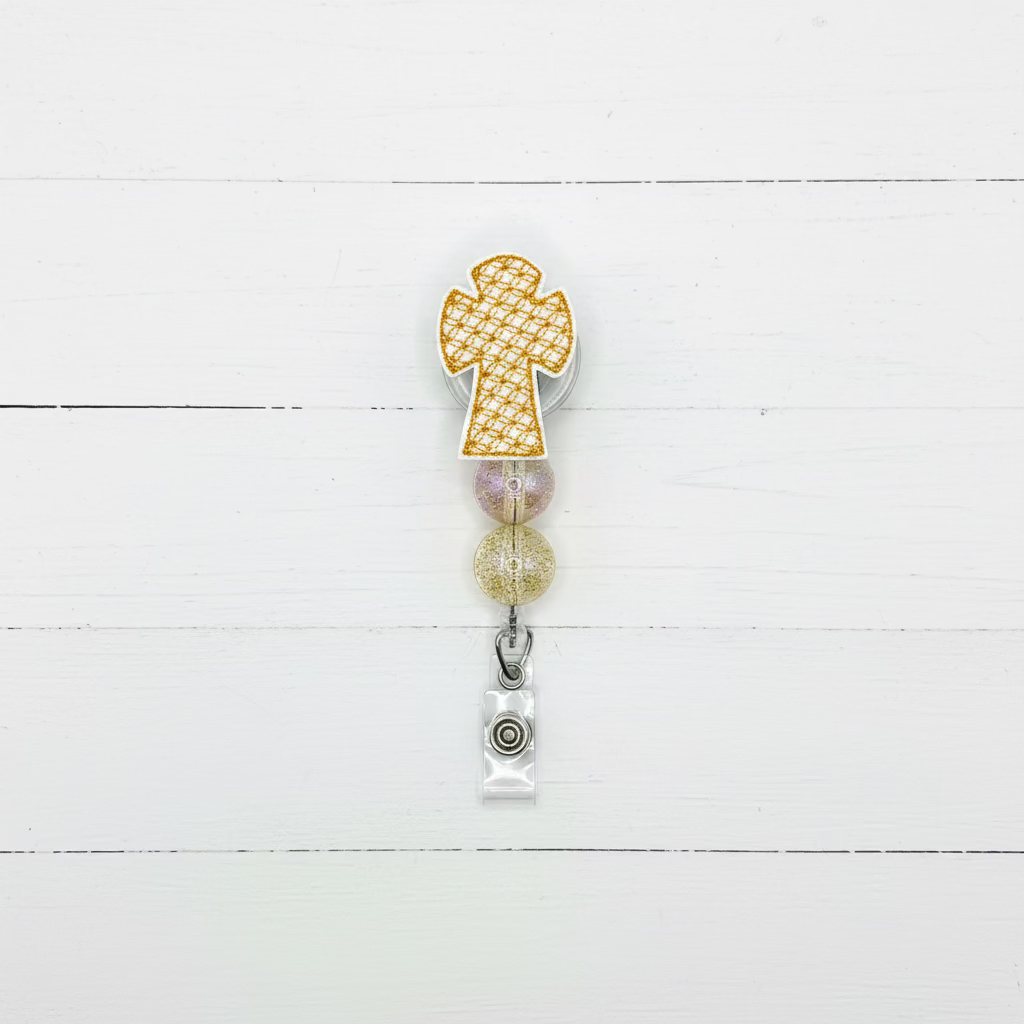 Gold Weave Cross Badge Reel, handmade retractable ID badge reel