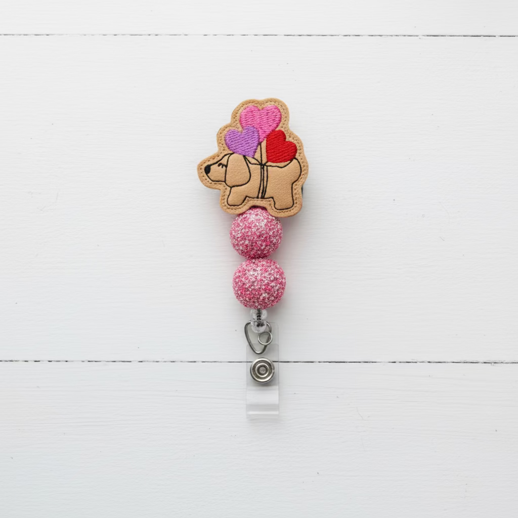 Dog with Heart Balloons Beaded Badge Reel, handmade retractable ID badge reel