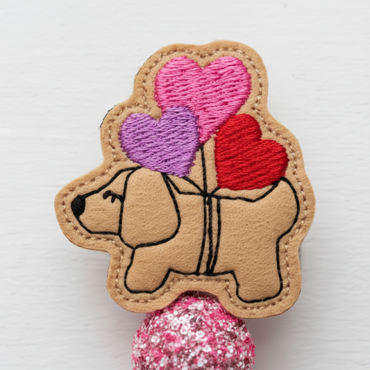 Dog with Heart Balloons Beaded Badge Reel