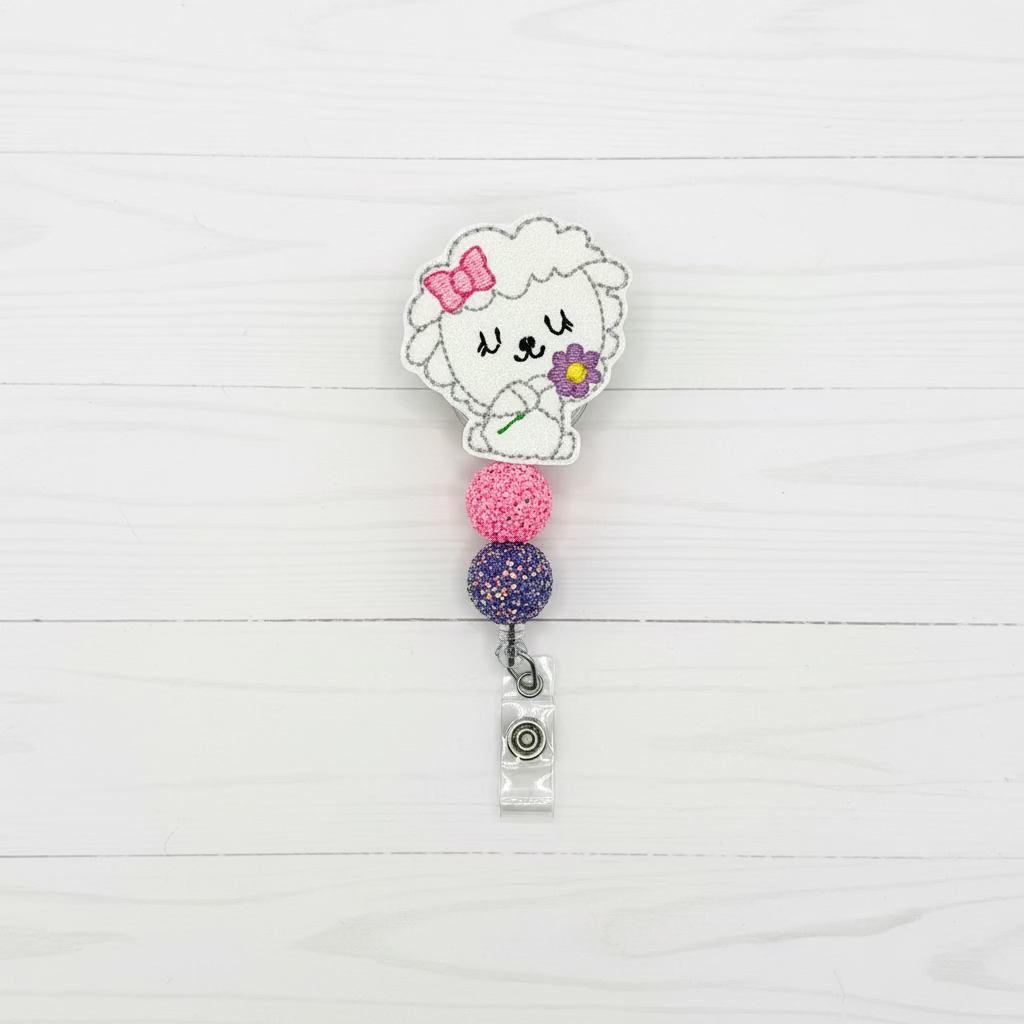 Lamb with Flower Badge Reel, handmade retractable ID badge reel