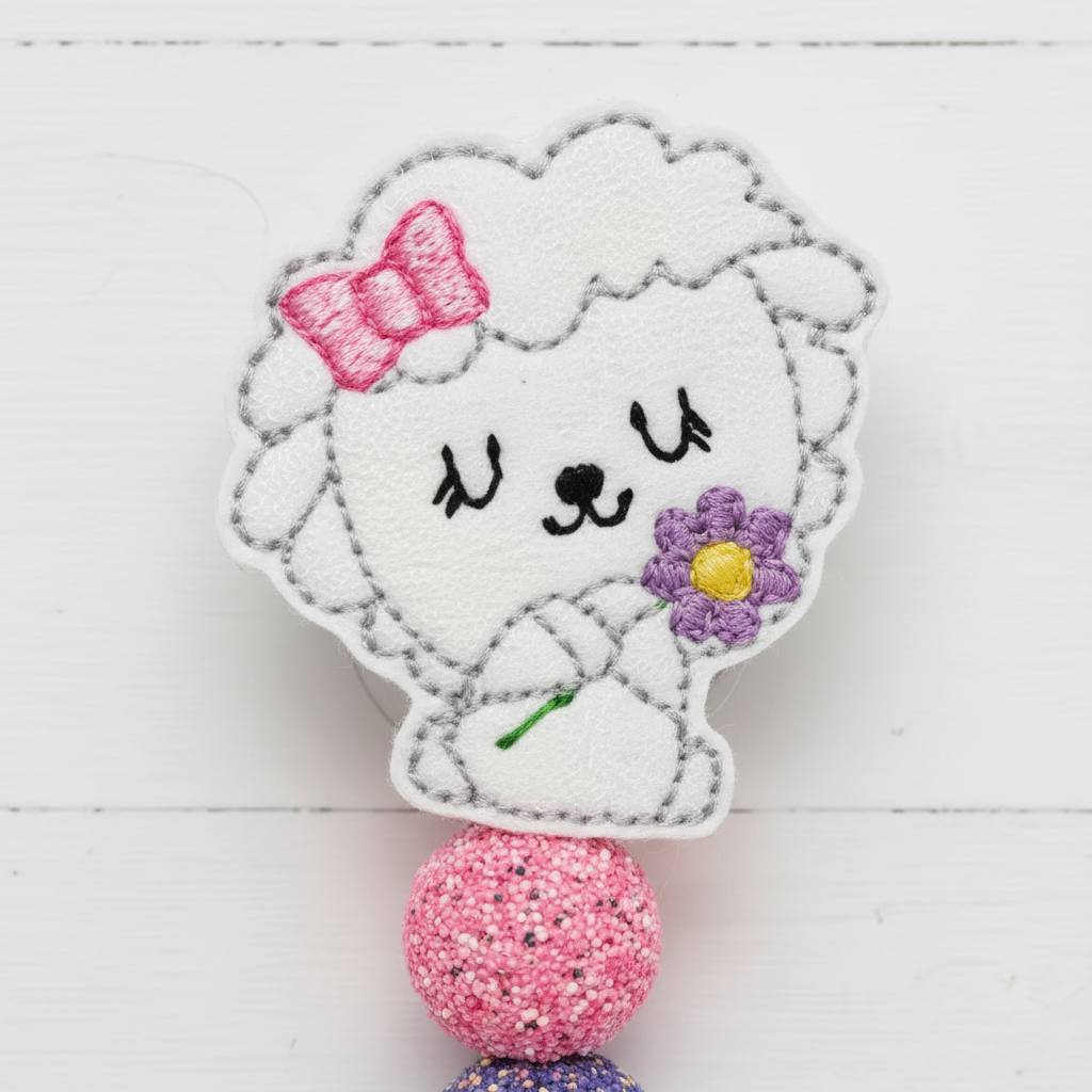 Lamb with Flower Badge Reel, handmade retractable ID badge reel - view 2