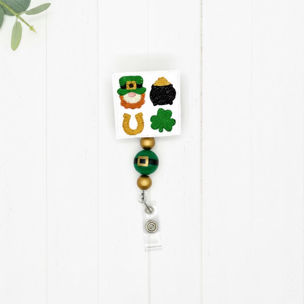Decorative badge holder with St. Patrick's Day symbols on a white background