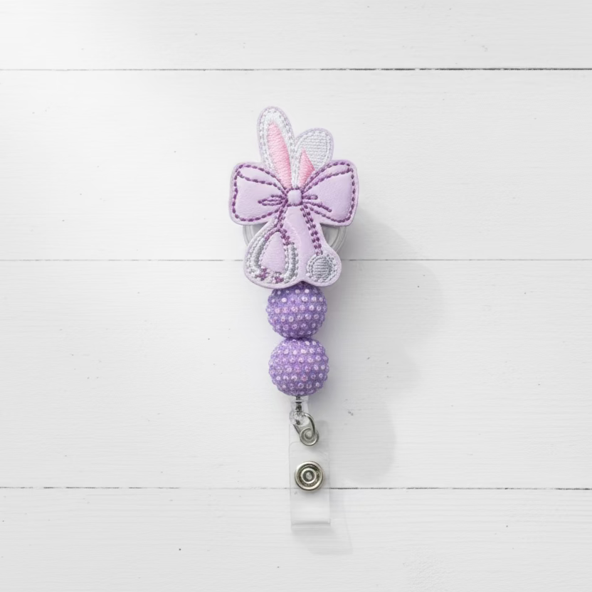 Bunny Bow Stethoscope Badge Reel, handmade retractable ID badge reel