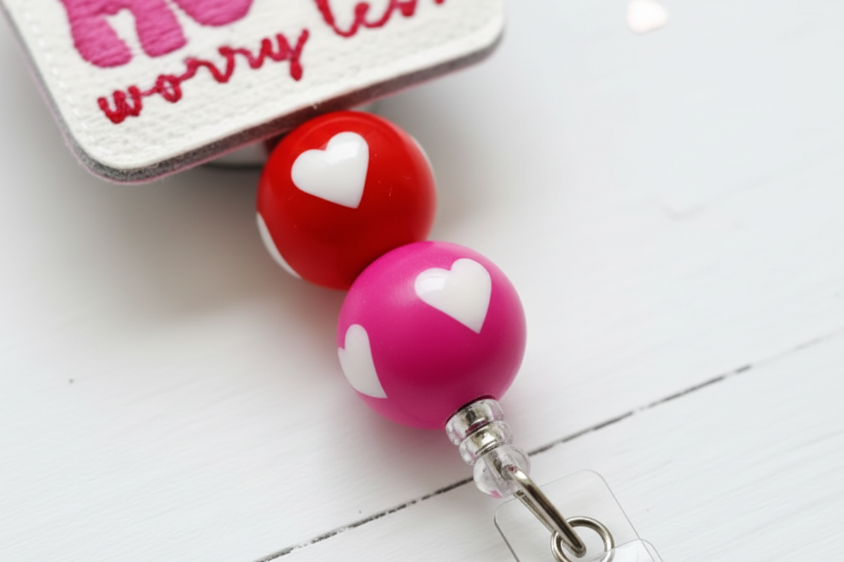 Love More Worry Less Beaded Badge Reel, handmade retractable ID badge reel - view 3
