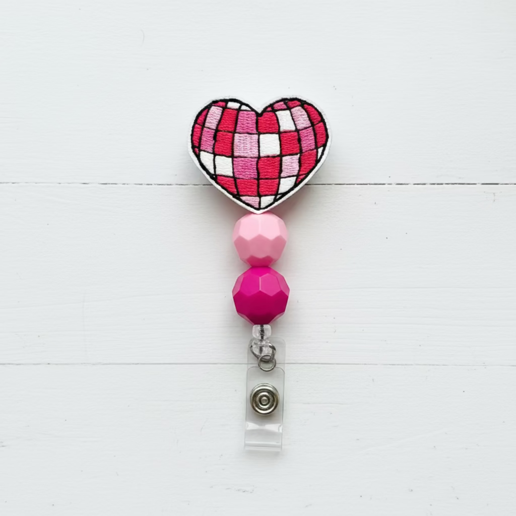 Disco Heart Beaded Badge Reel, handmade retractable ID badge reel