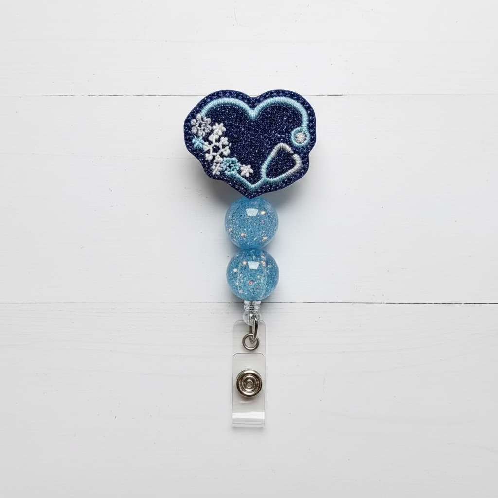 Snow Heart Stethoscope Beaded Badge Reel
