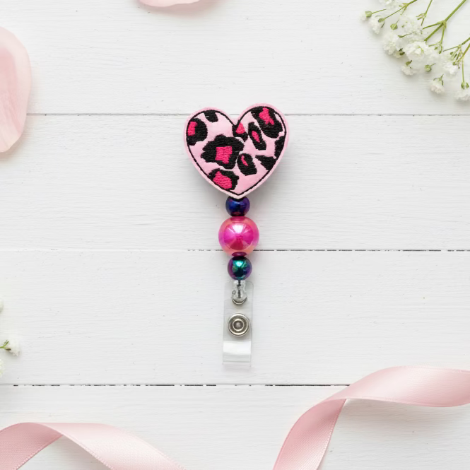Leopard Heart Beaded Badge Reel