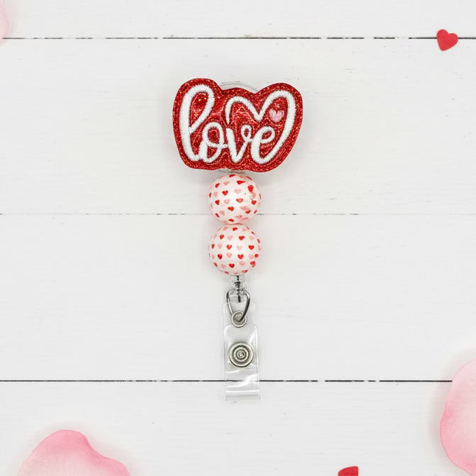 Love Word Beaded Badge Reel, handmade retractable ID badge reel
