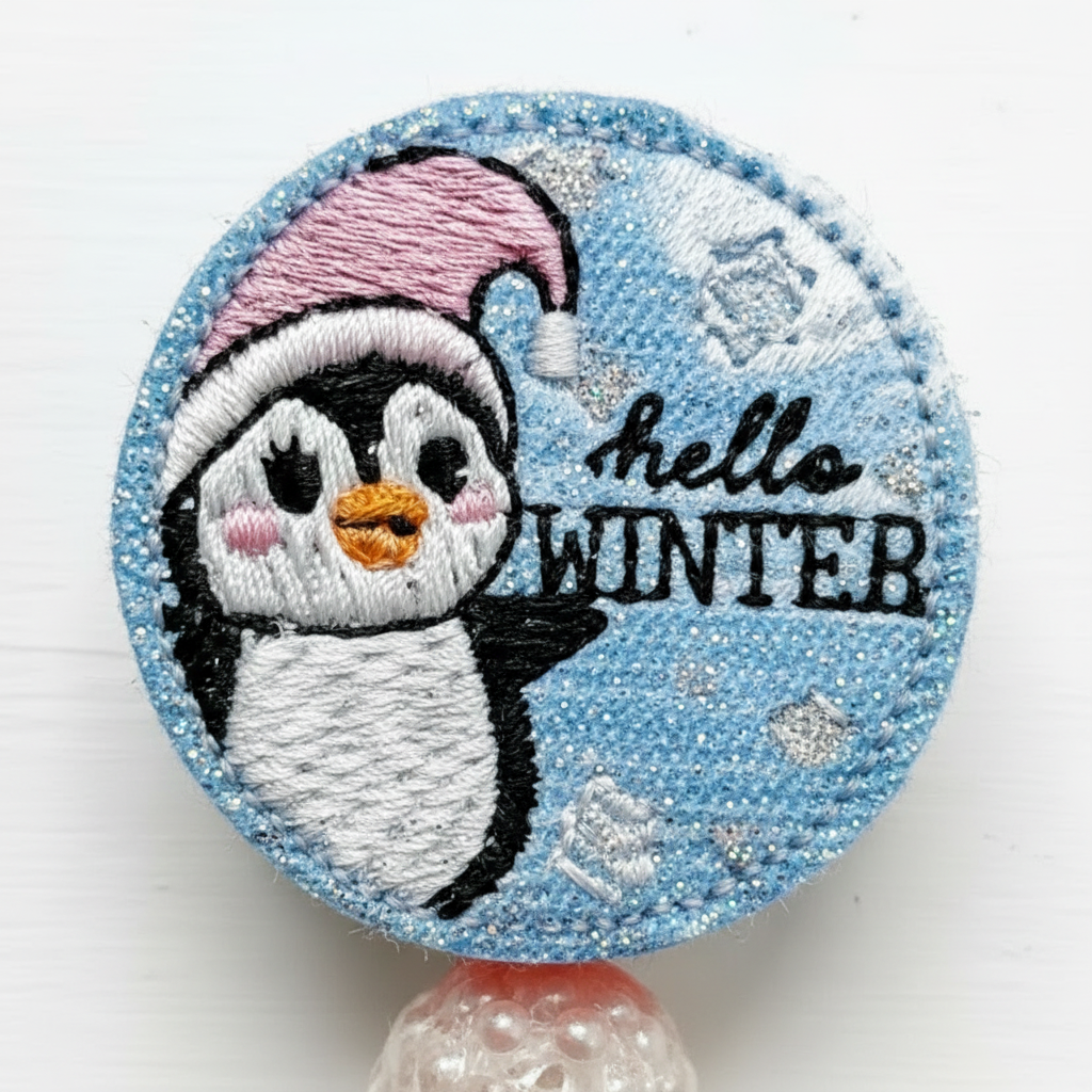 Hello Winter Penguin Badge Reel, handmade retractable ID badge reel - view 2