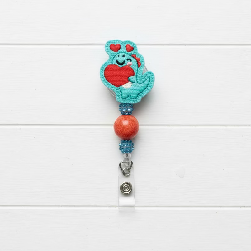 Dino with Heart Beaded Badge Reel