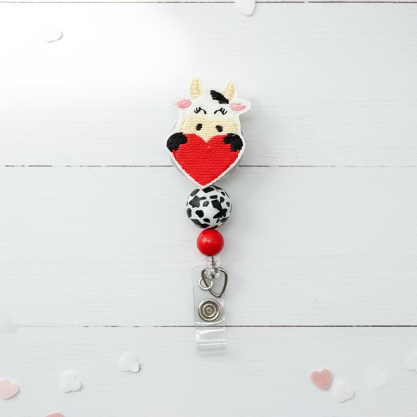 Cow with Heart Beaded Badge Reel