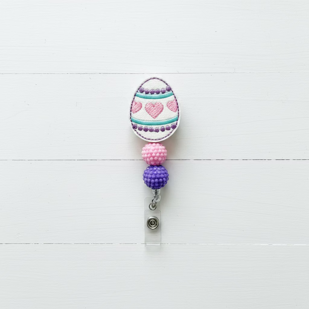 Egg with Heart Design Badge Reel, handmade retractable ID badge reel