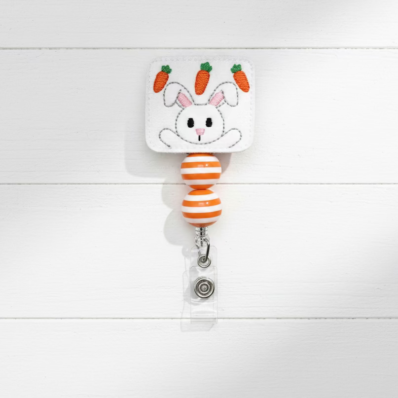Bunny with Carrots Badge Reel, handmade retractable ID badge reel