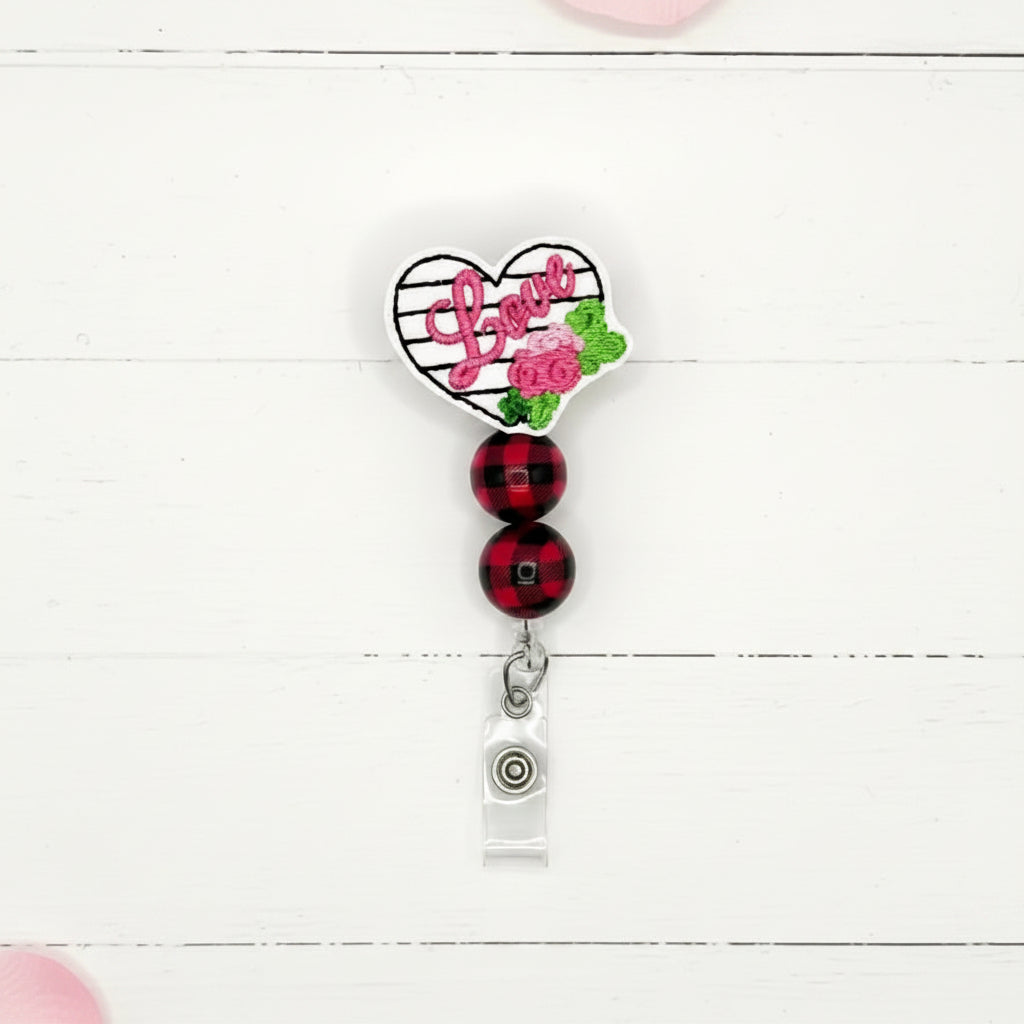 Love + Flower Heart Beaded Badge Reel, handmade retractable ID badge reel