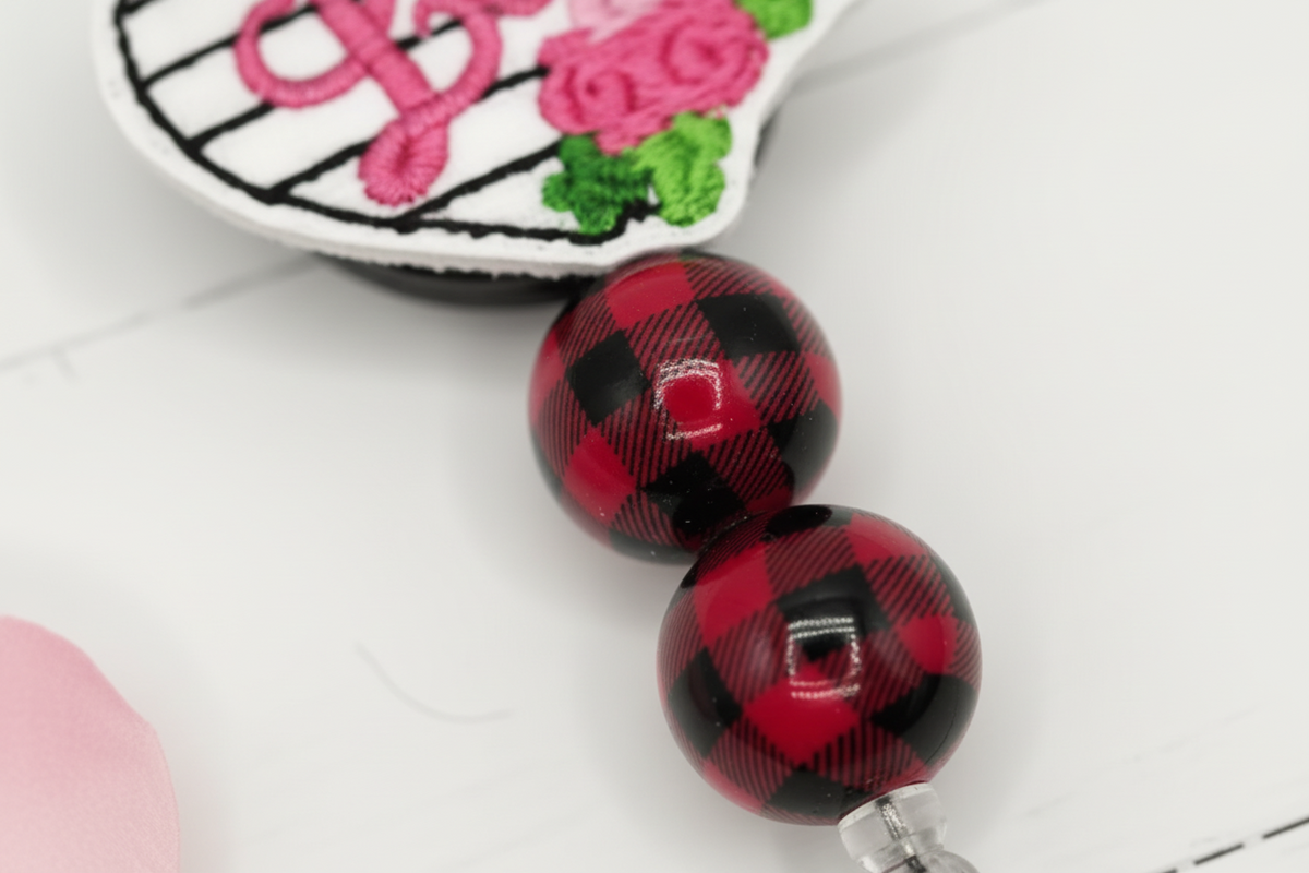 Love + Flower Heart Beaded Badge Reel, handmade retractable ID badge reel - view 2