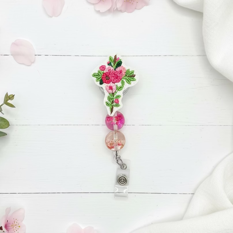 Pink Flower Cross Badge Reel