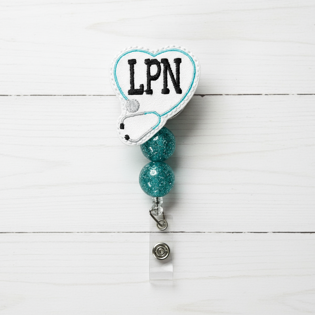 Retractable badge holder with heart-shaped badge and 'LPN' text on a white background