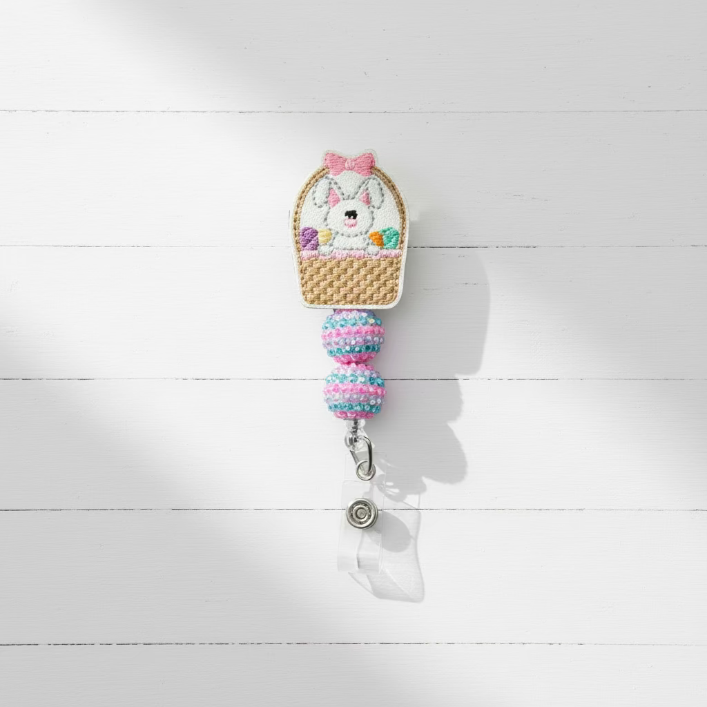 Bunny in Basket Badge Reel, handmade retractable ID badge reel