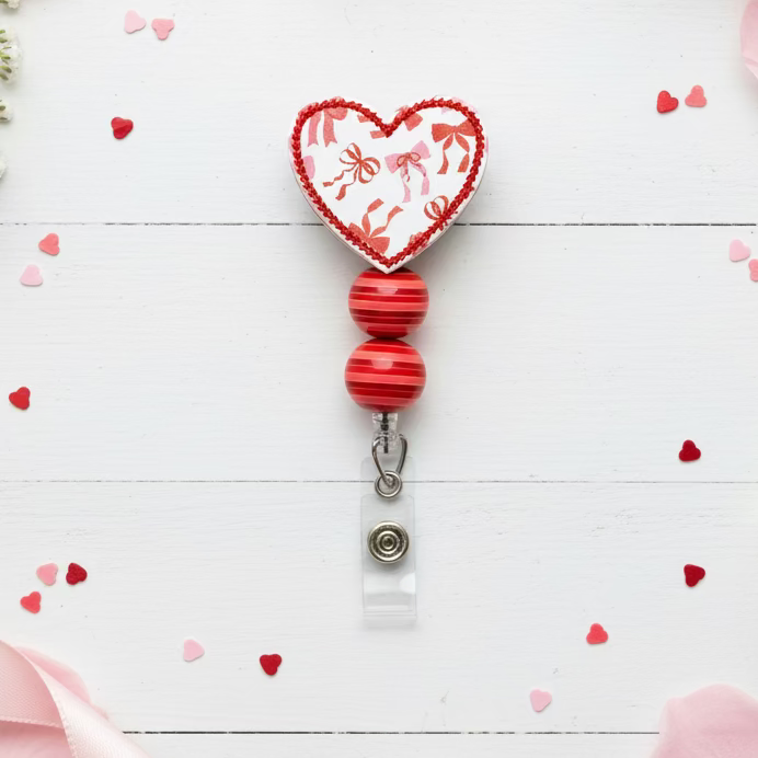 Heart with Bow Print Beaded Badge Reel