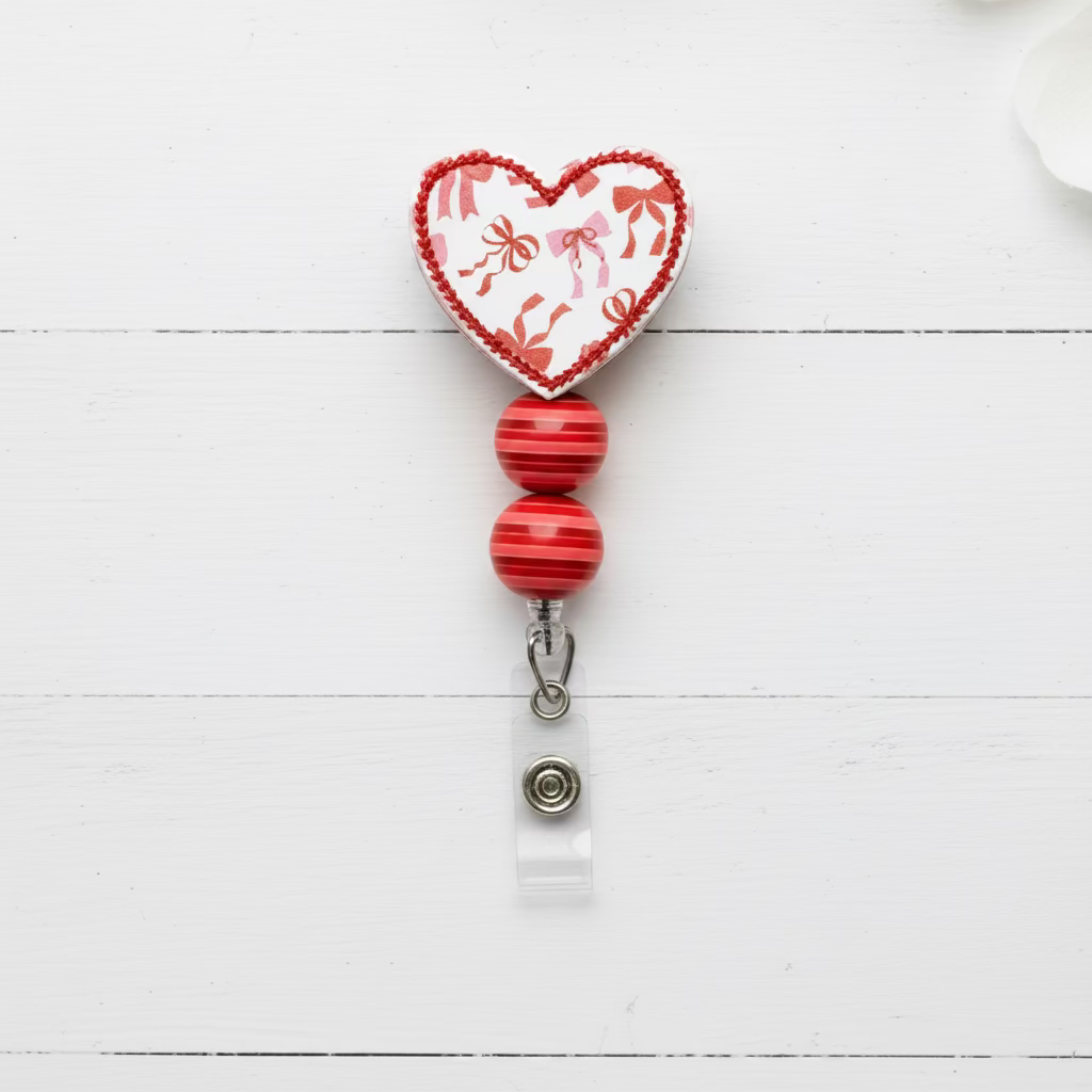 Heart with Bow Print Beaded Badge Reel
