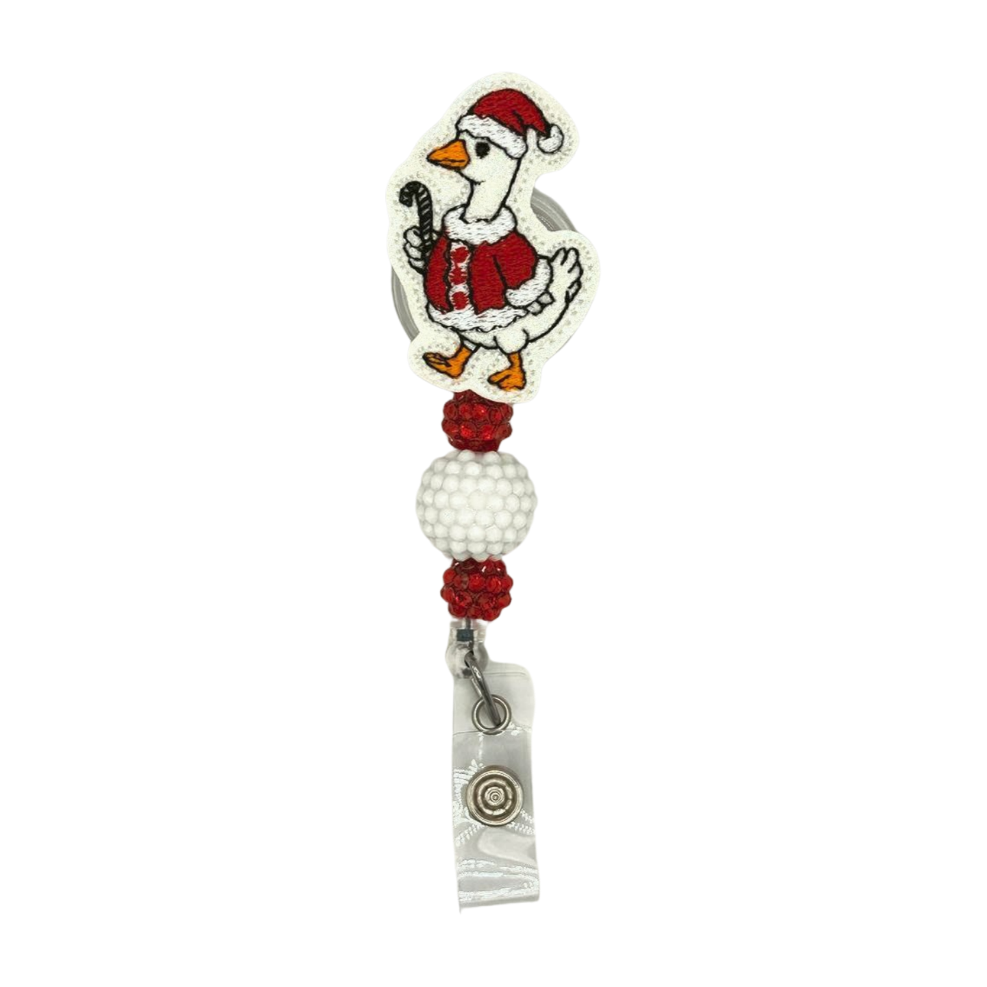 Christmas-themed badge holder with a duck wearing a Santa hat on a white background