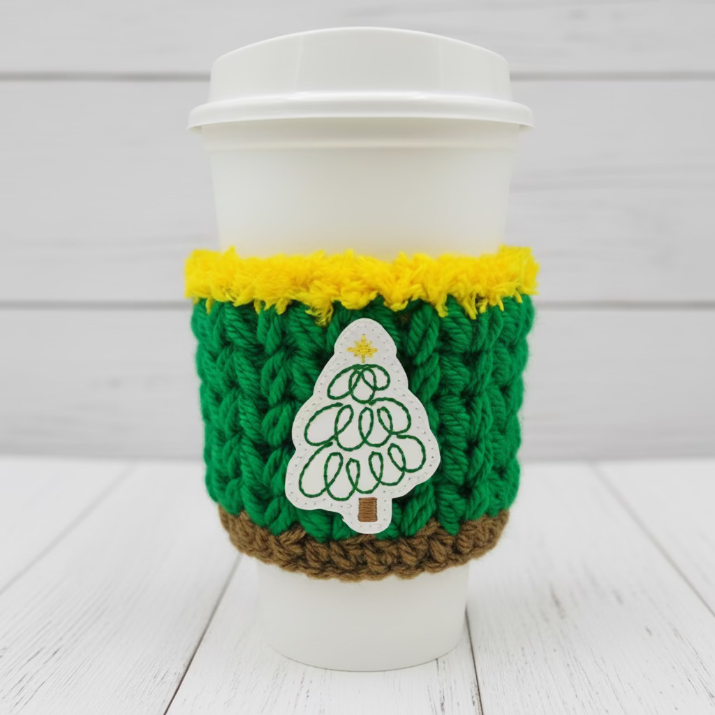White cup with a green and yellow knit cozy featuring a Christmas tree design, surrounded by pine cones and cinnamon sticks on a festive background.