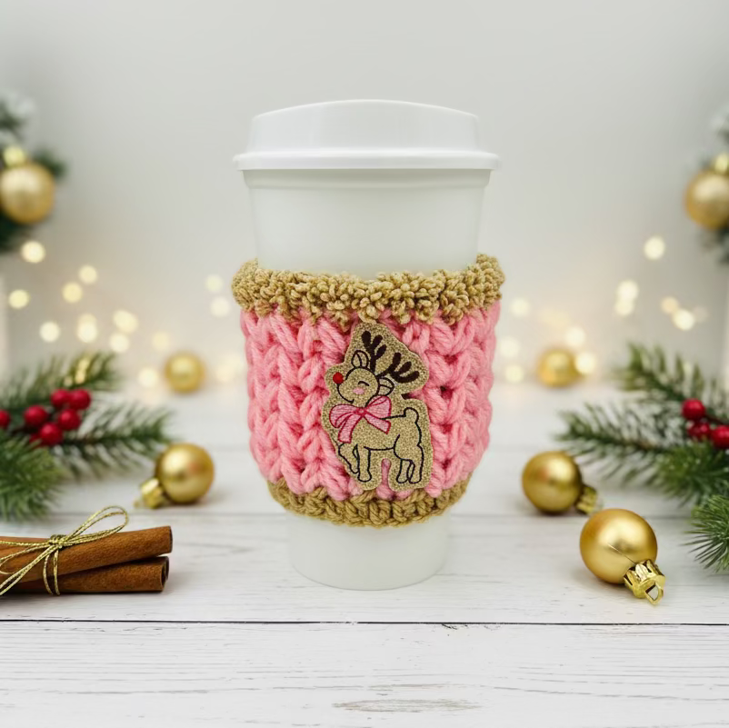 Pink Bow Reindeer Coffee Cozy | Holiday Drink Sleeve, handmade drink sleeve