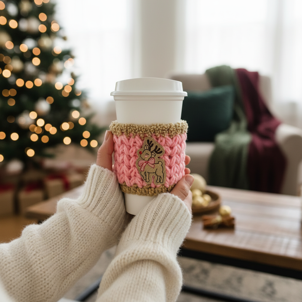 Pink Bow Reindeer Coffee Cozy | Holiday Drink Sleeve, handmade drink sleeve - view 2