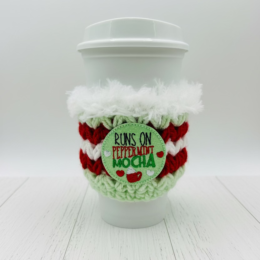 Runs on Peppermint Mocha Coffee Cozy | Holiday Drink Sleeve, handmade drink sleeve