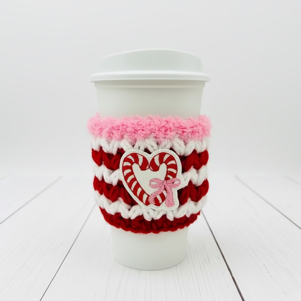 Candy Cane Heart Coffee Cozy | Holiday Drink Sleeve, handmade drink sleeve