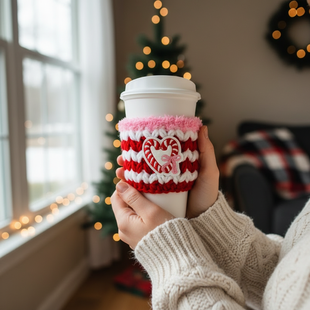 Candy Cane Heart Coffee Cozy | Holiday Drink Sleeve, handmade drink sleeve - view 2