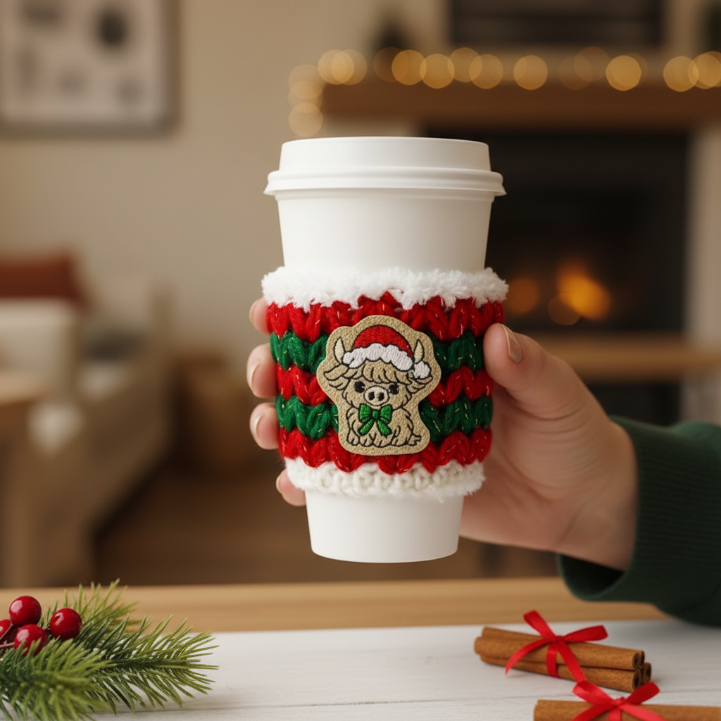 Santa Highland Cow Coffee Cozy | Holiday Drink Sleeve, handmade drink sleeve - view 2