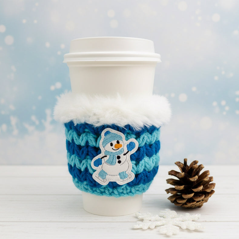 Skating Snowman Coffee Cozy, handmade drink sleeve