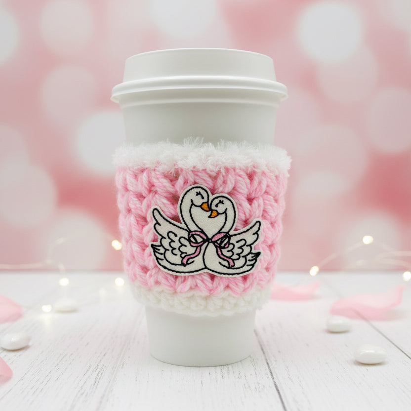 Love Swans Coffee Cozy, handmade drink sleeve