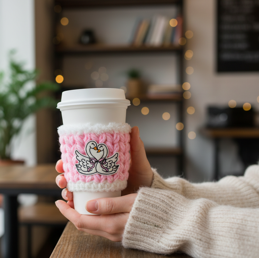 Love Swans Coffee Cozy, handmade drink sleeve - view 2