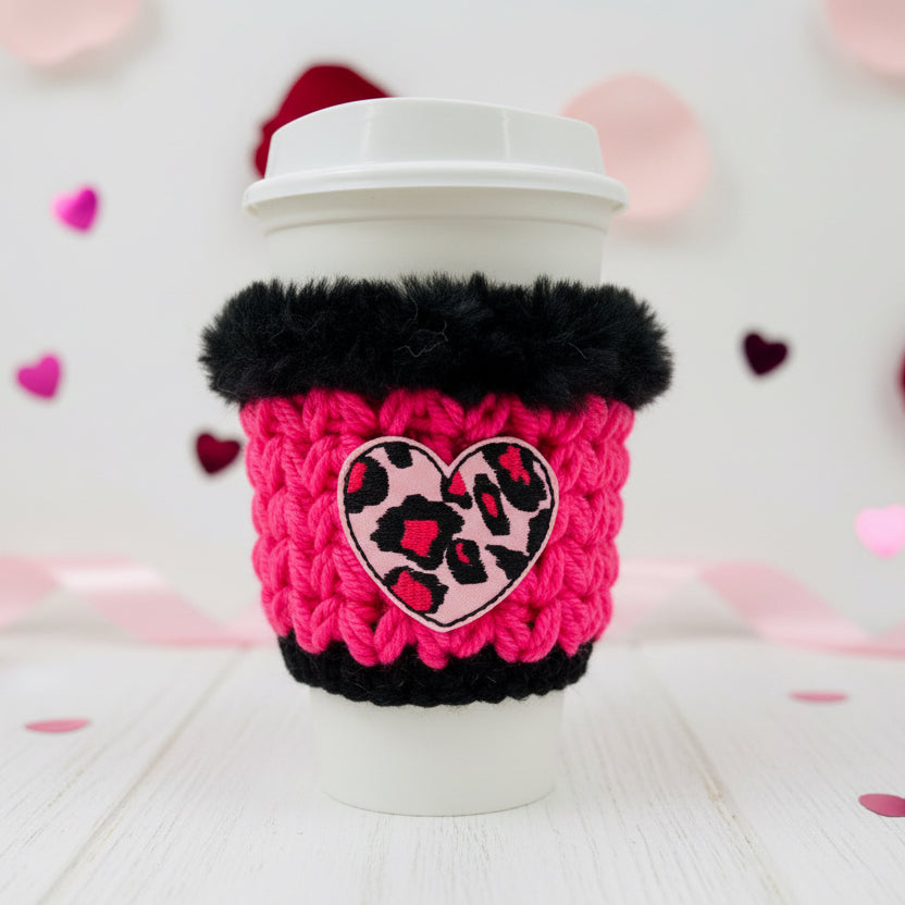 Leopard Pink Heart Coffee Cozy, handmade drink sleeve
