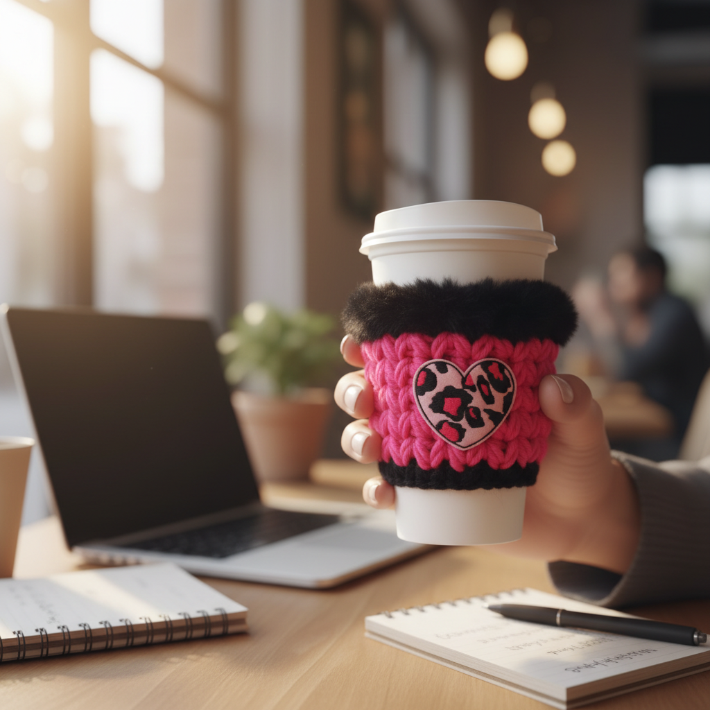 Leopard Pink Heart Coffee Cozy, handmade drink sleeve - view 2