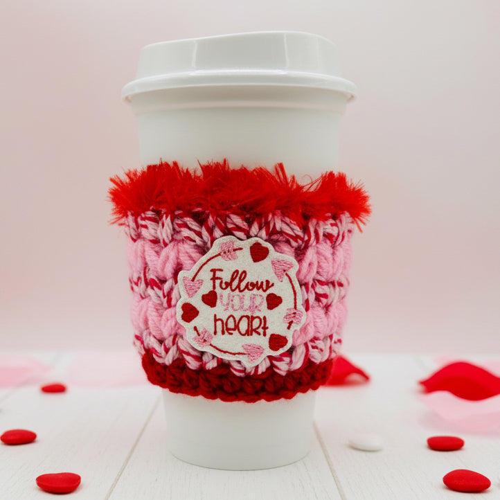 Follow Your Heart Coffee Cozy, handmade drink sleeve