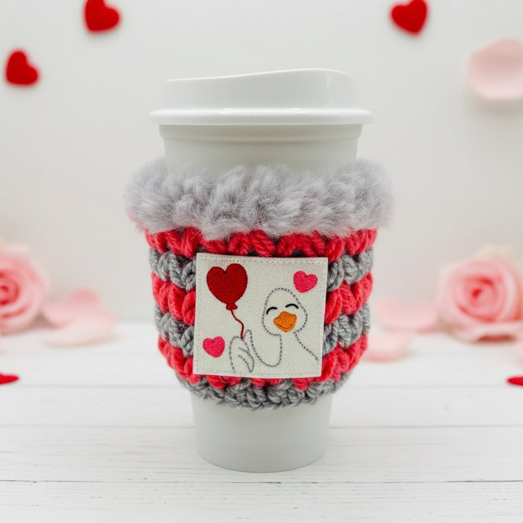 Goose with Heart Balloon Coffee Cozy, handmade drink sleeve