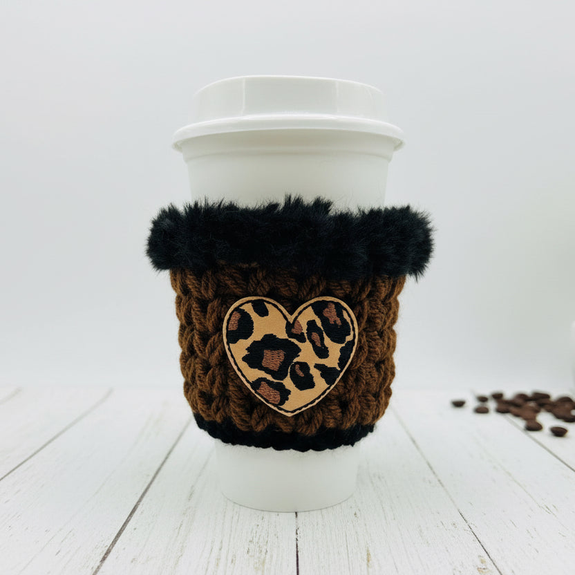 Leopard Heart Coffee Cozy, handmade drink sleeve