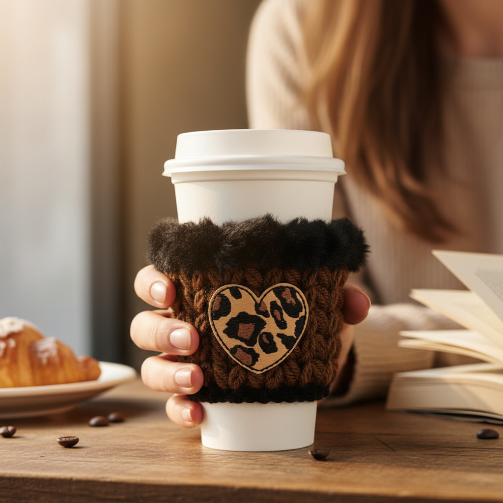 Leopard Heart Coffee Cozy, handmade drink sleeve - view 2