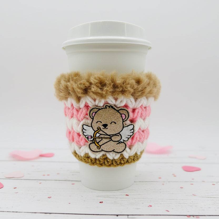 Bear Cupid Coffee Cozy, handmade drink sleeve