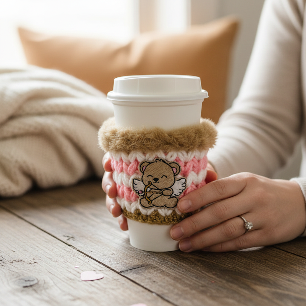 Bear Cupid Coffee Cozy, handmade drink sleeve - view 2