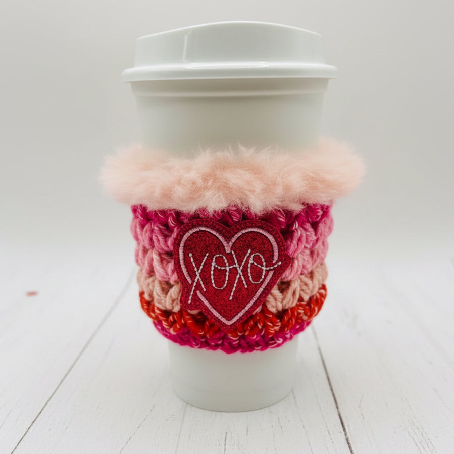 XOXO Heart Coffee Cozy, handmade drink sleeve